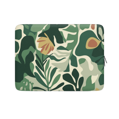 Laptop sleeve with a green leaf pattern on a white background