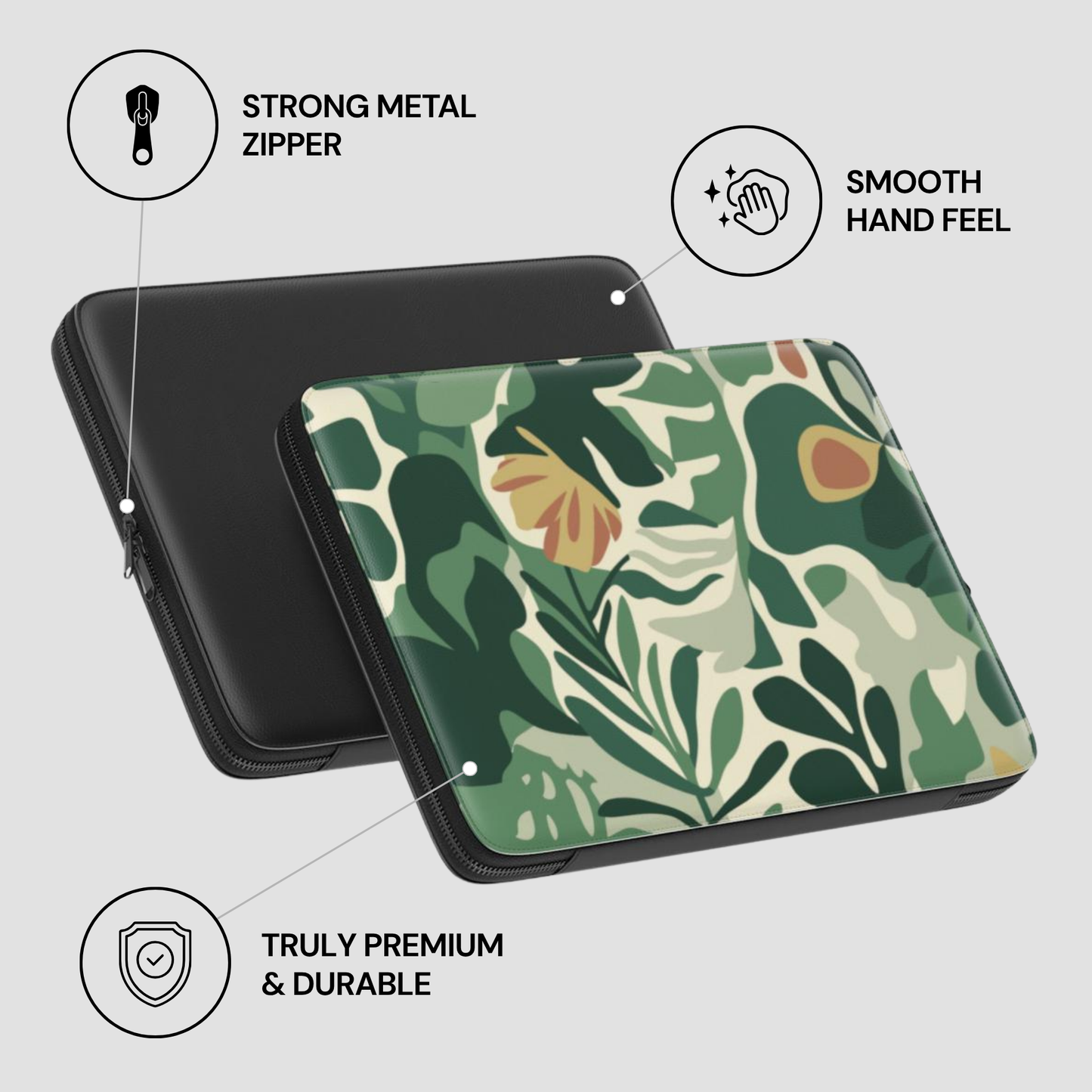 Floral patterned case with black zipper on a light gray background