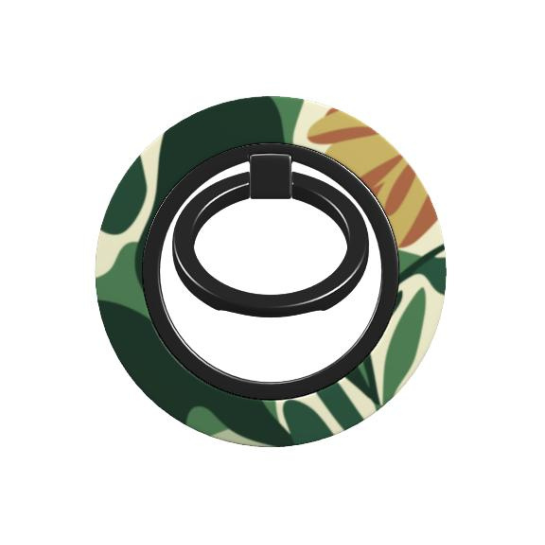 Phone ring holder with green leaf pattern on a white background