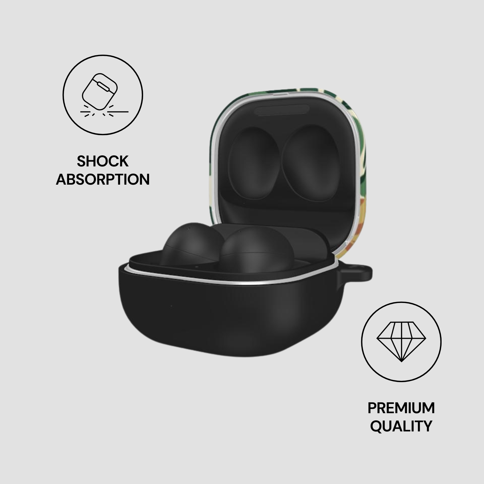 Black earbud case with colorful pattern on a white background, featuring icons for shock absorption and premium quality.