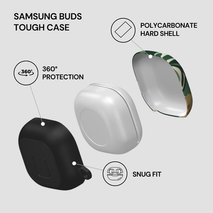 Samsung Buds Tough Case with features highlighted on a light gray background
