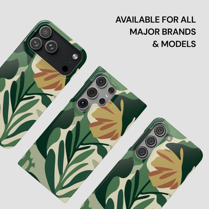 Phone cases with green leaf pattern on a light gray background