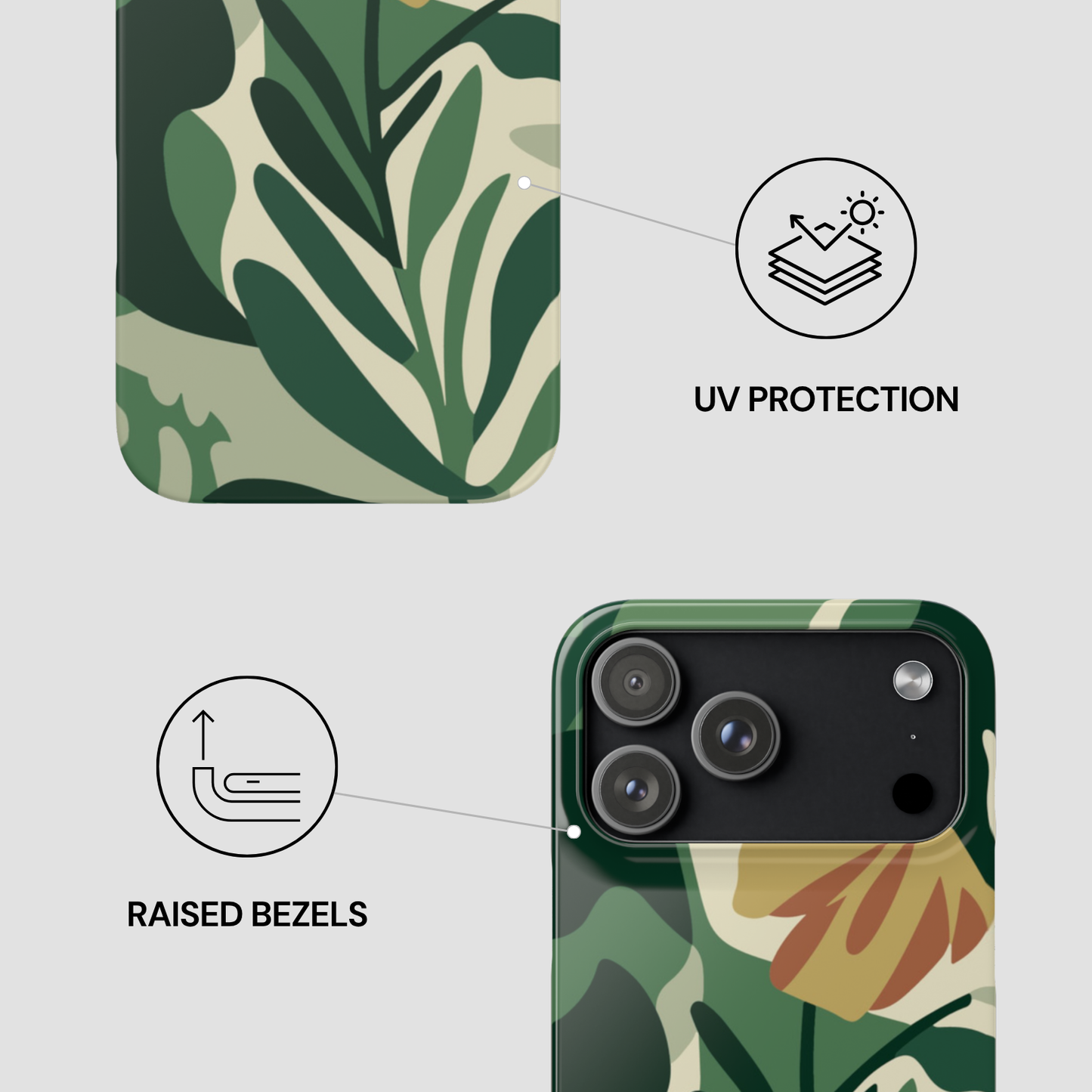 Phone case with green leaf pattern, UV protection, and raised bezels on a light gray background