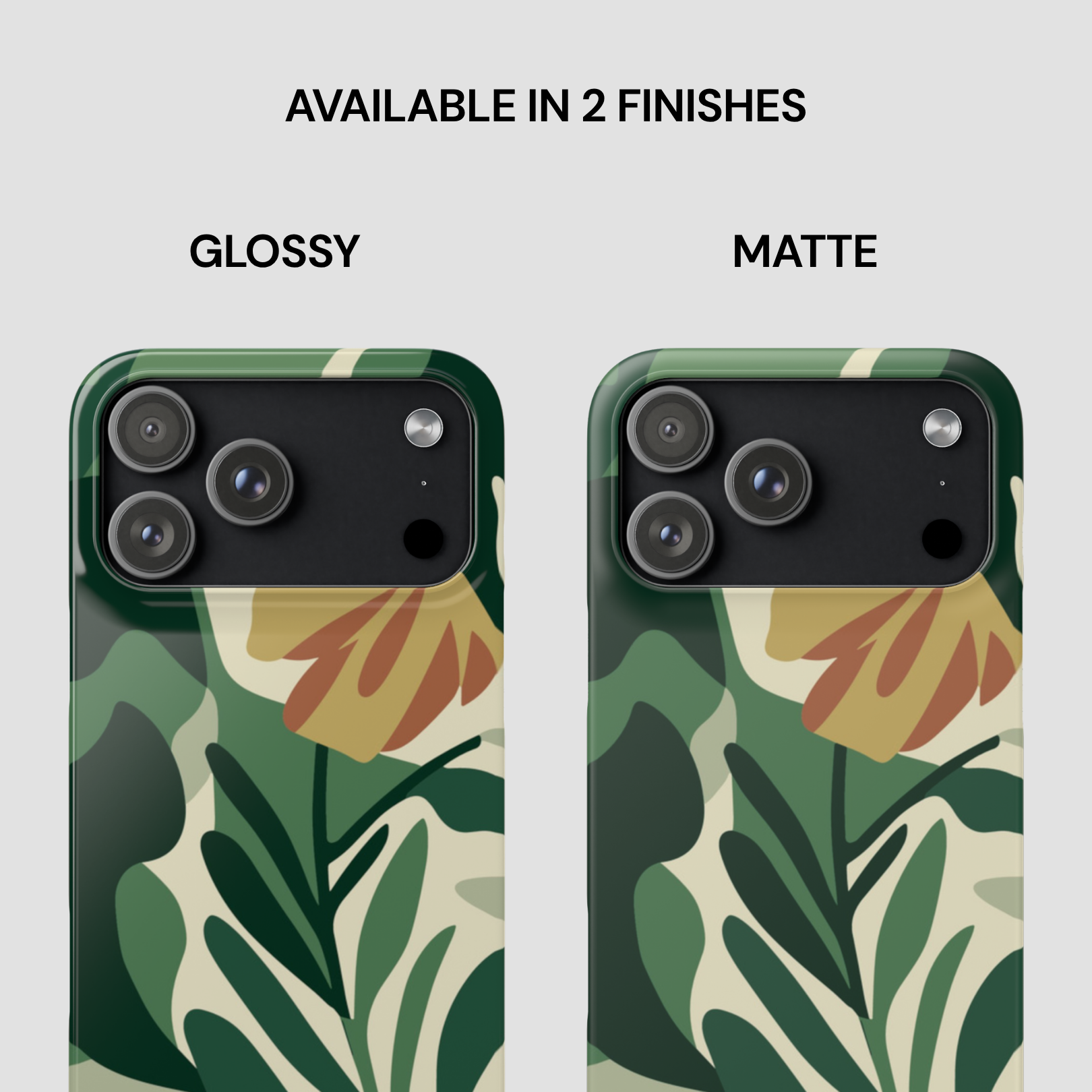 Two phone cases with floral design, one glossy and one matte, on a light gray background.