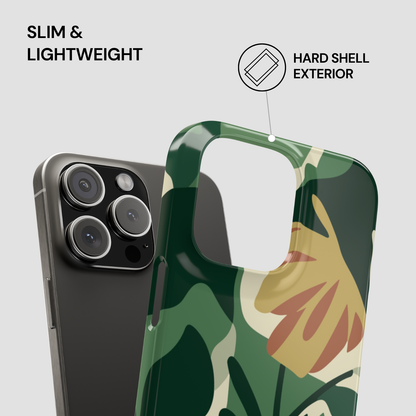 Phone case with floral design and text highlighting slim, lightweight, and hard shell exterior features.
