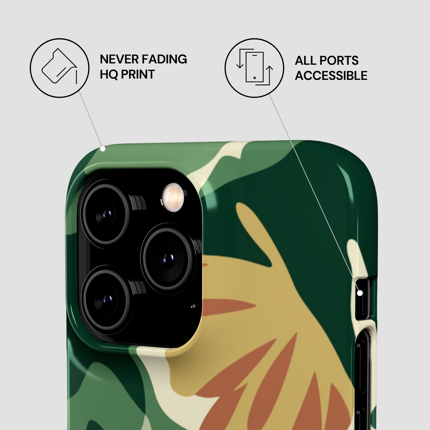 Phone case with sloth design and text about features on a light gray background