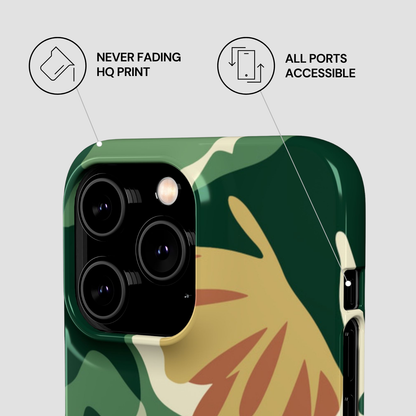 Phone case with sloth design and text about features on a light gray background
