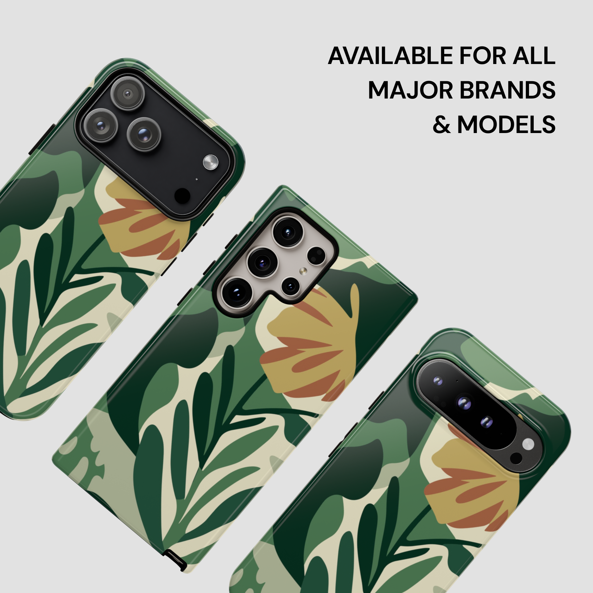 Phone cases with green leaf pattern on a light gray background