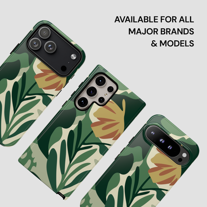 Phone cases with green leaf pattern on a light gray background