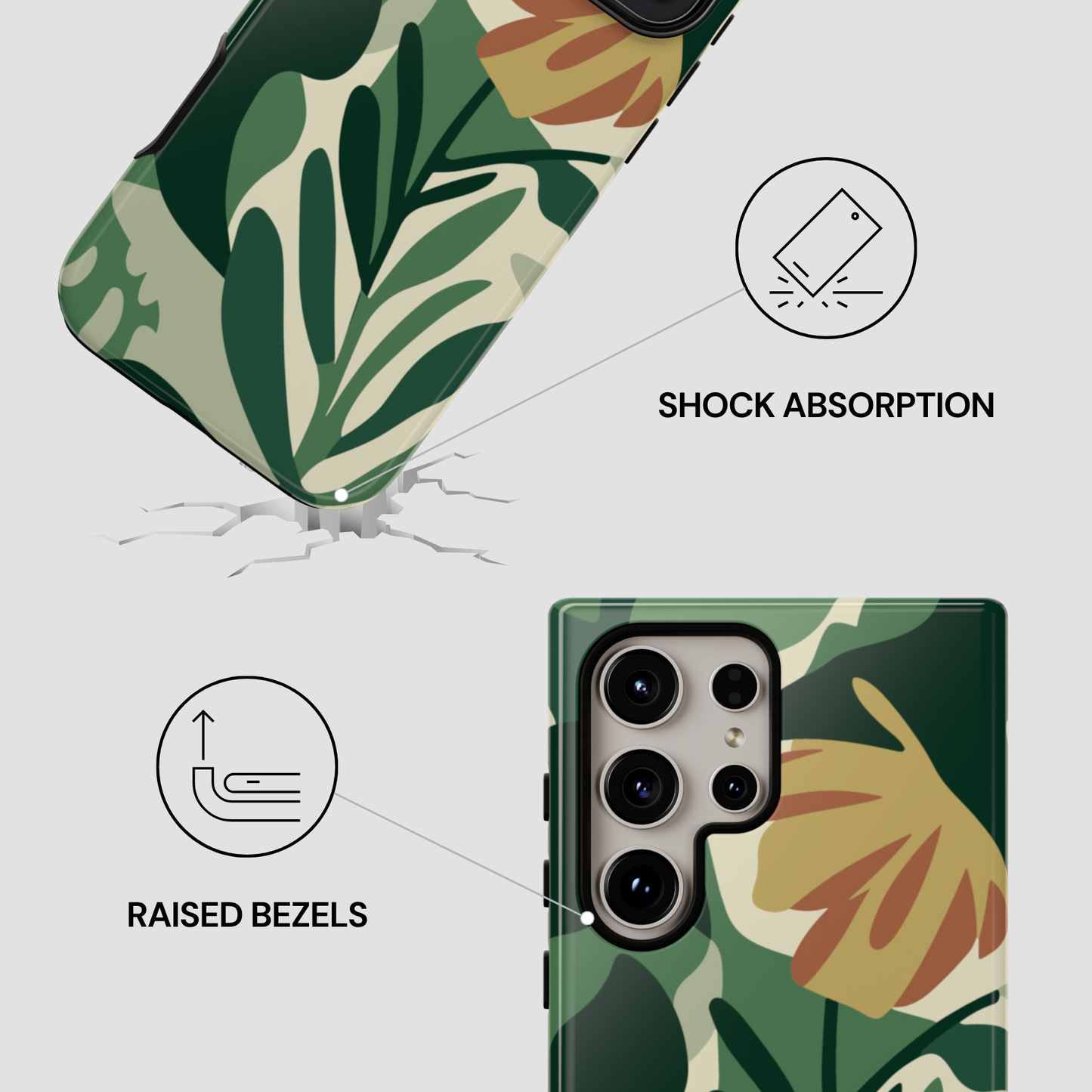 Phone case with leaf pattern and features highlighted on a white background