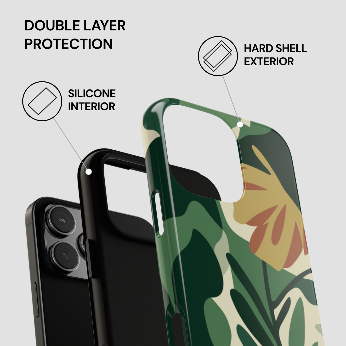 Phone case with floral design and text highlighting double layer protection on a white background