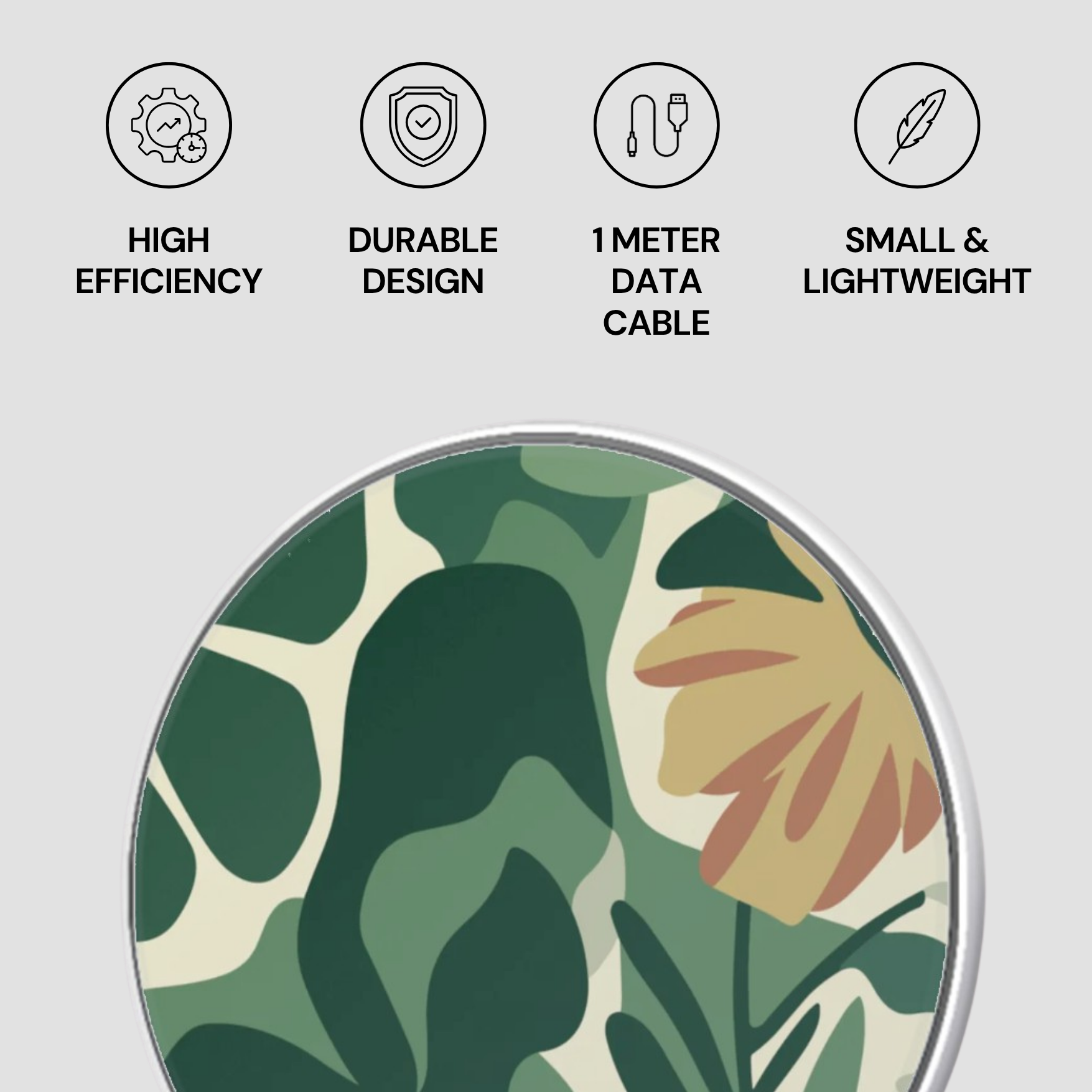 Floral design product with icons and text on a light gray background