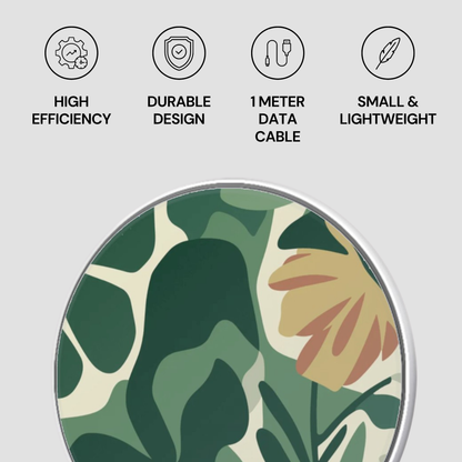 Floral design product with icons and text on a light gray background