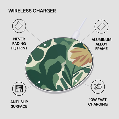 Wireless charger with floral design on a white background, featuring text about its features.