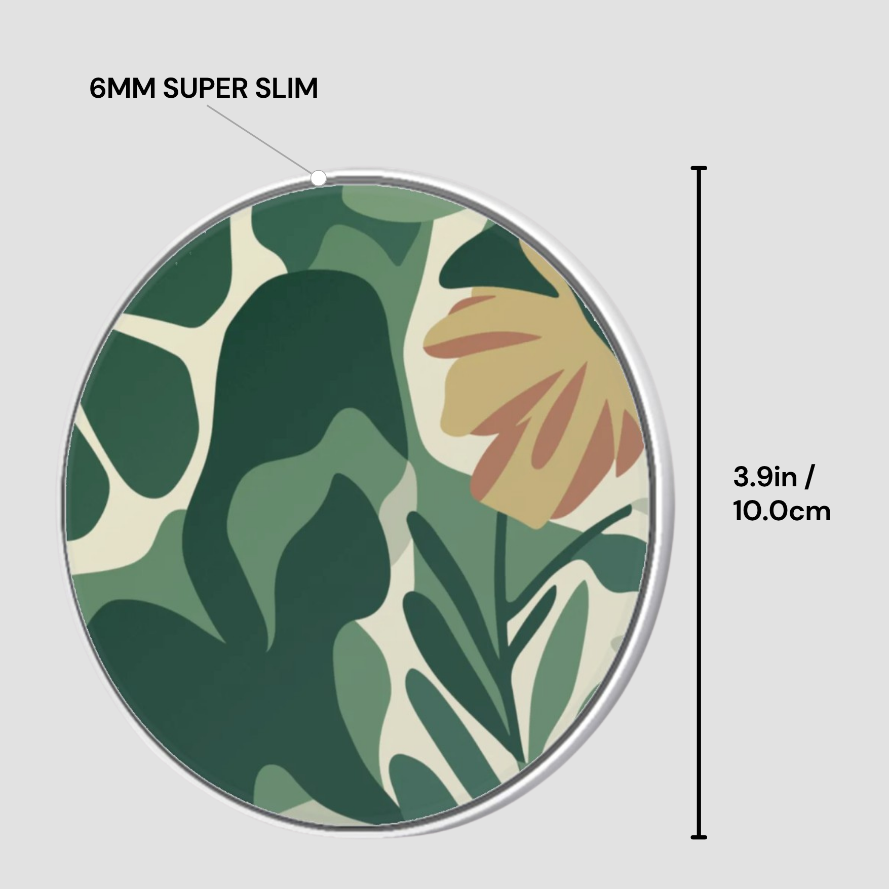 Circular product with floral design and dimensions labeled on a light gray background