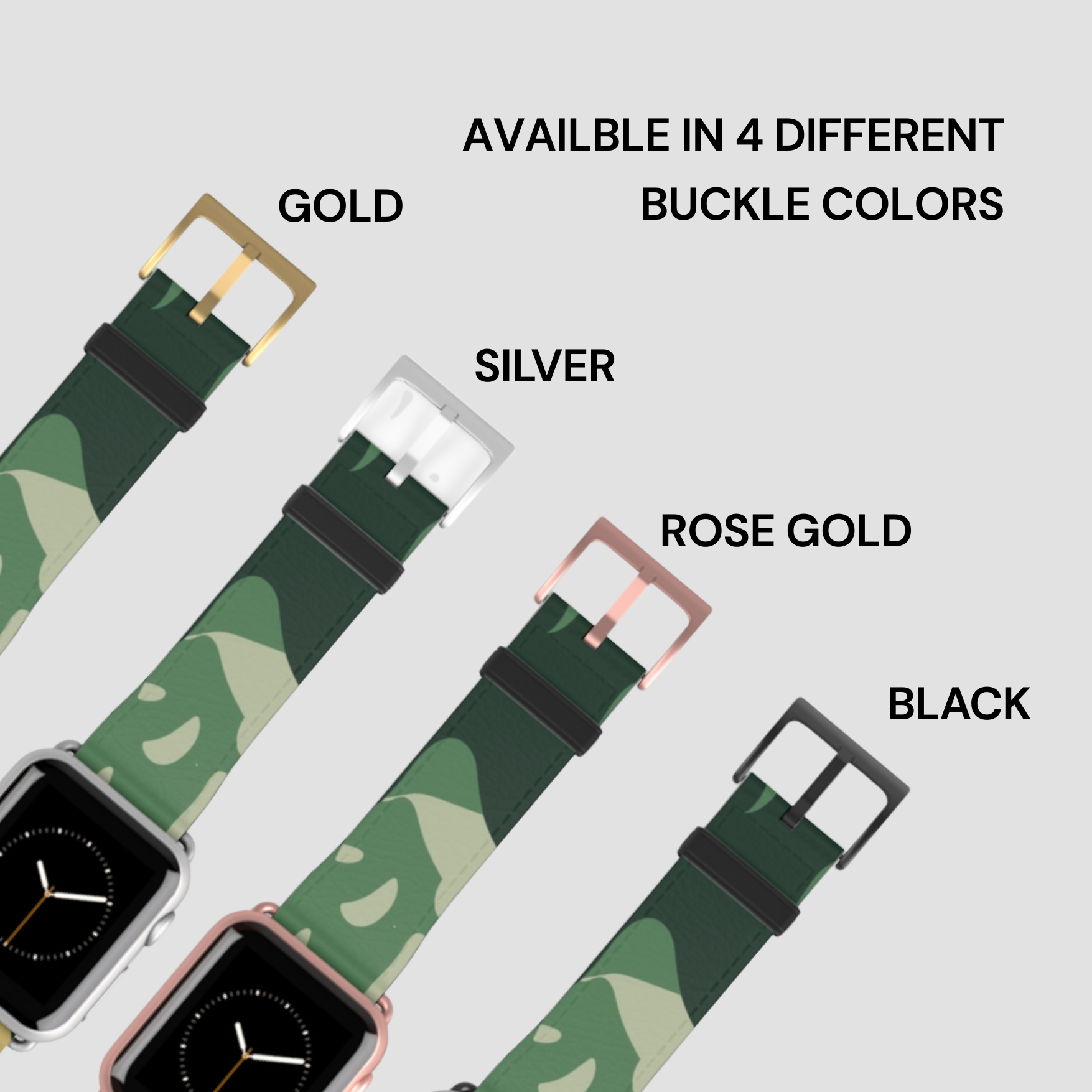 Camouflage-patterned watch bands with gold, silver, rose gold, and black buckles on a light gray background.