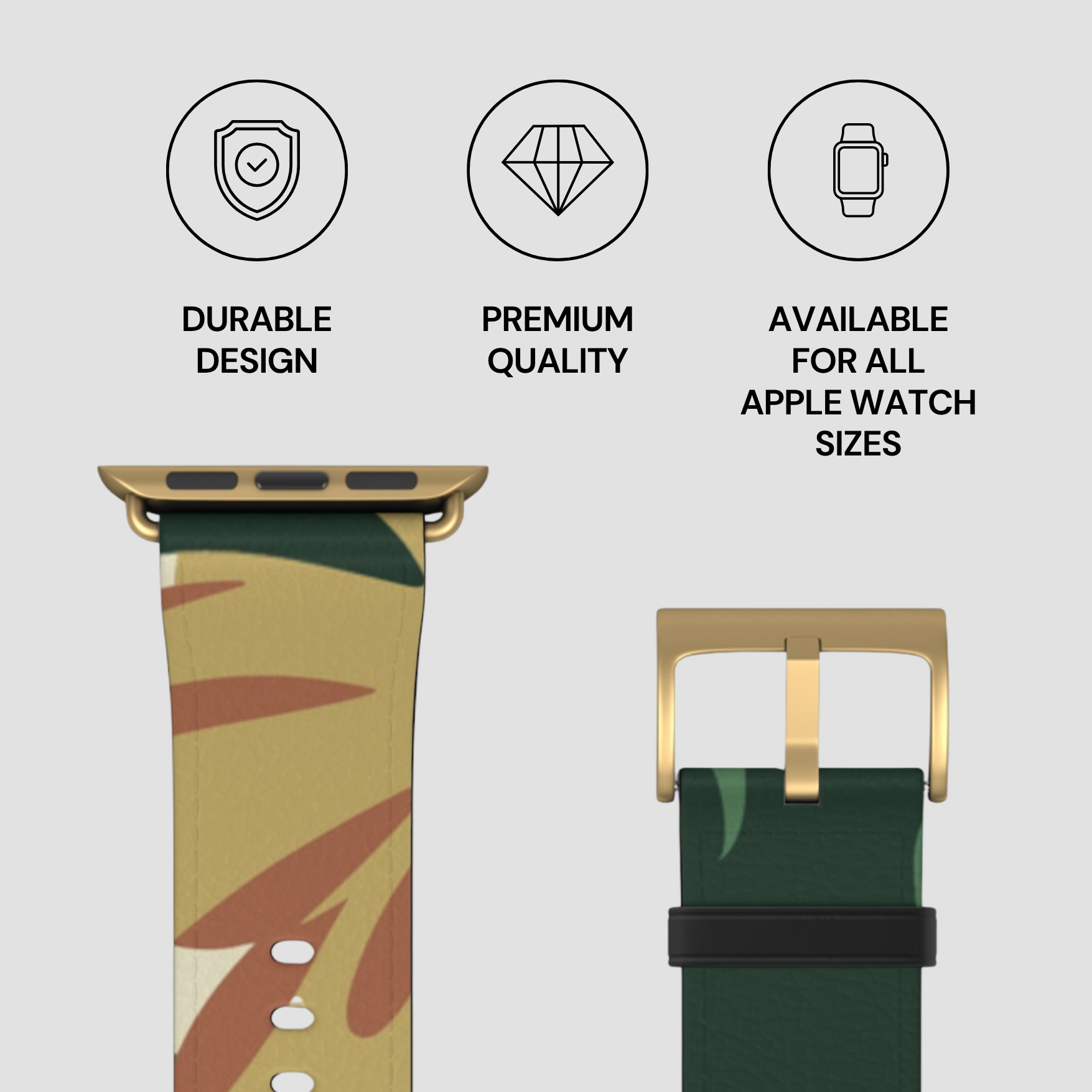 Green and brown patterned Apple Watch band with gold buckle on a light gray background, featuring durability, quality, and size availability text.