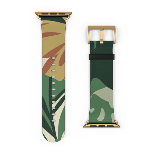 Two watch straps with floral and camouflage patterns on a white background