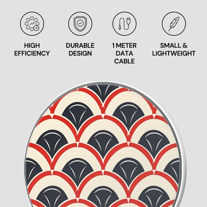Product with a geometric pattern on a gray background, featuring icons and text about product features.