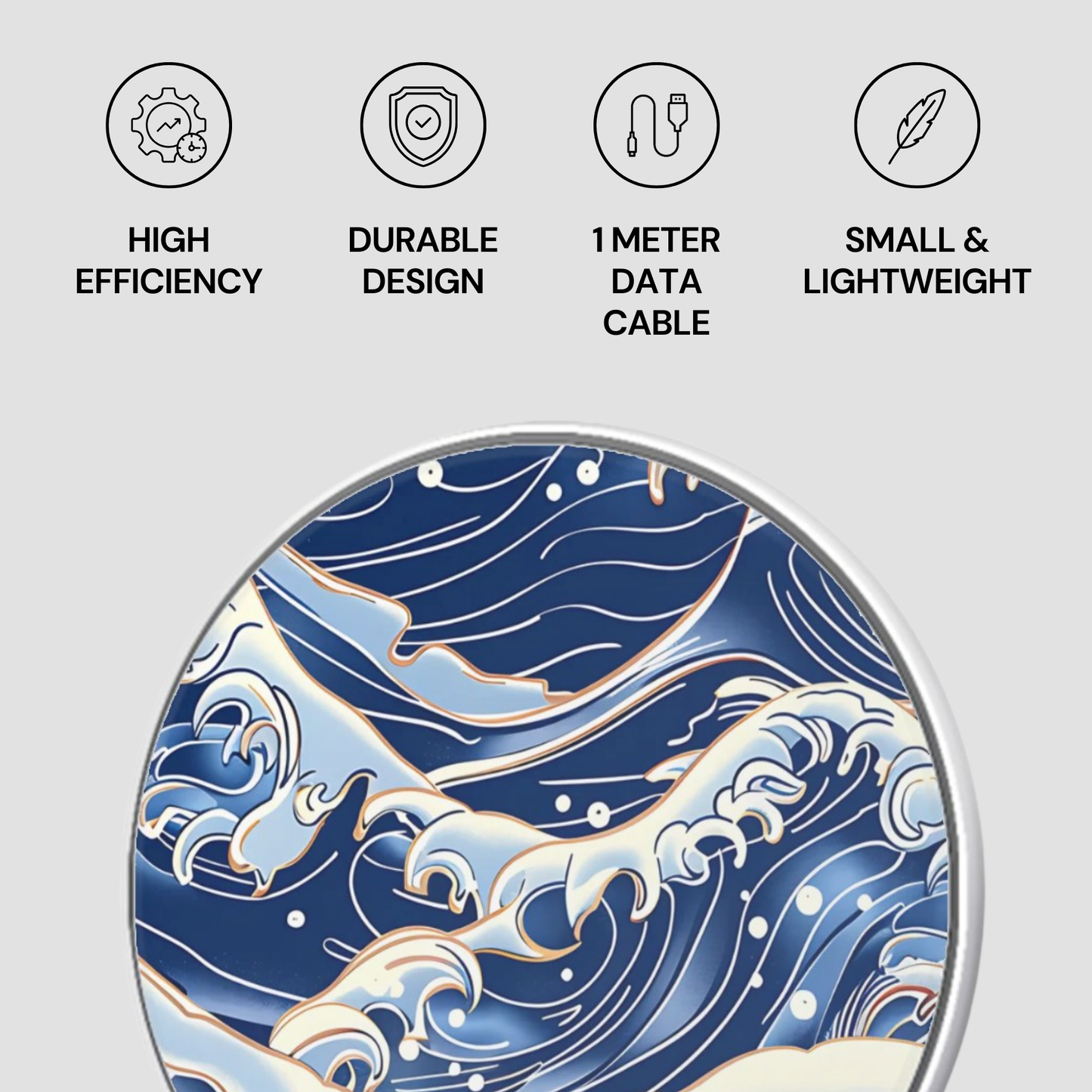 Product with wave design and features listed on a light gray background | Casenari