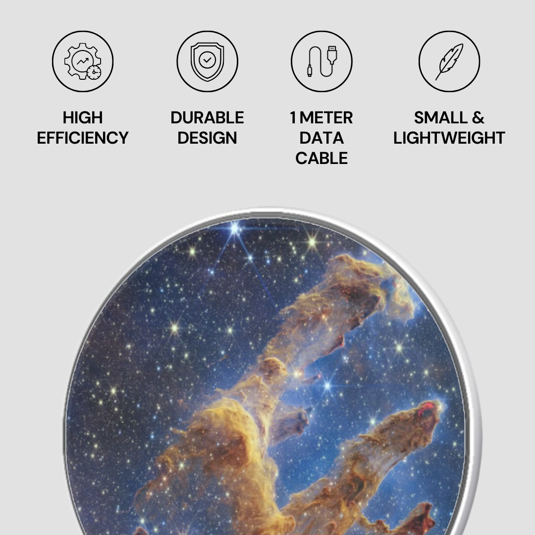 Product feature card with space-themed design and icons indicating high efficiency, durable design, 1 meter data cable, and small & lightweight.