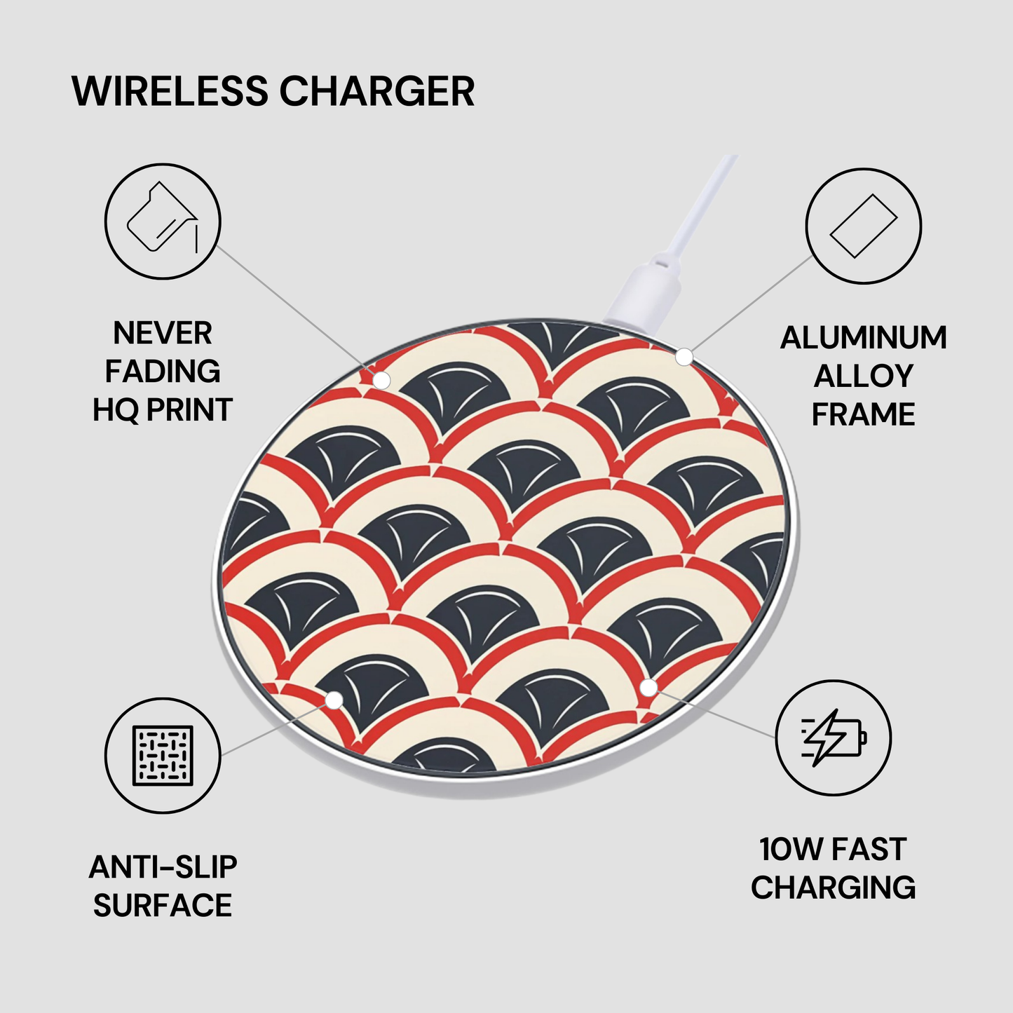 Wireless charger with wave pattern design on a light gray background