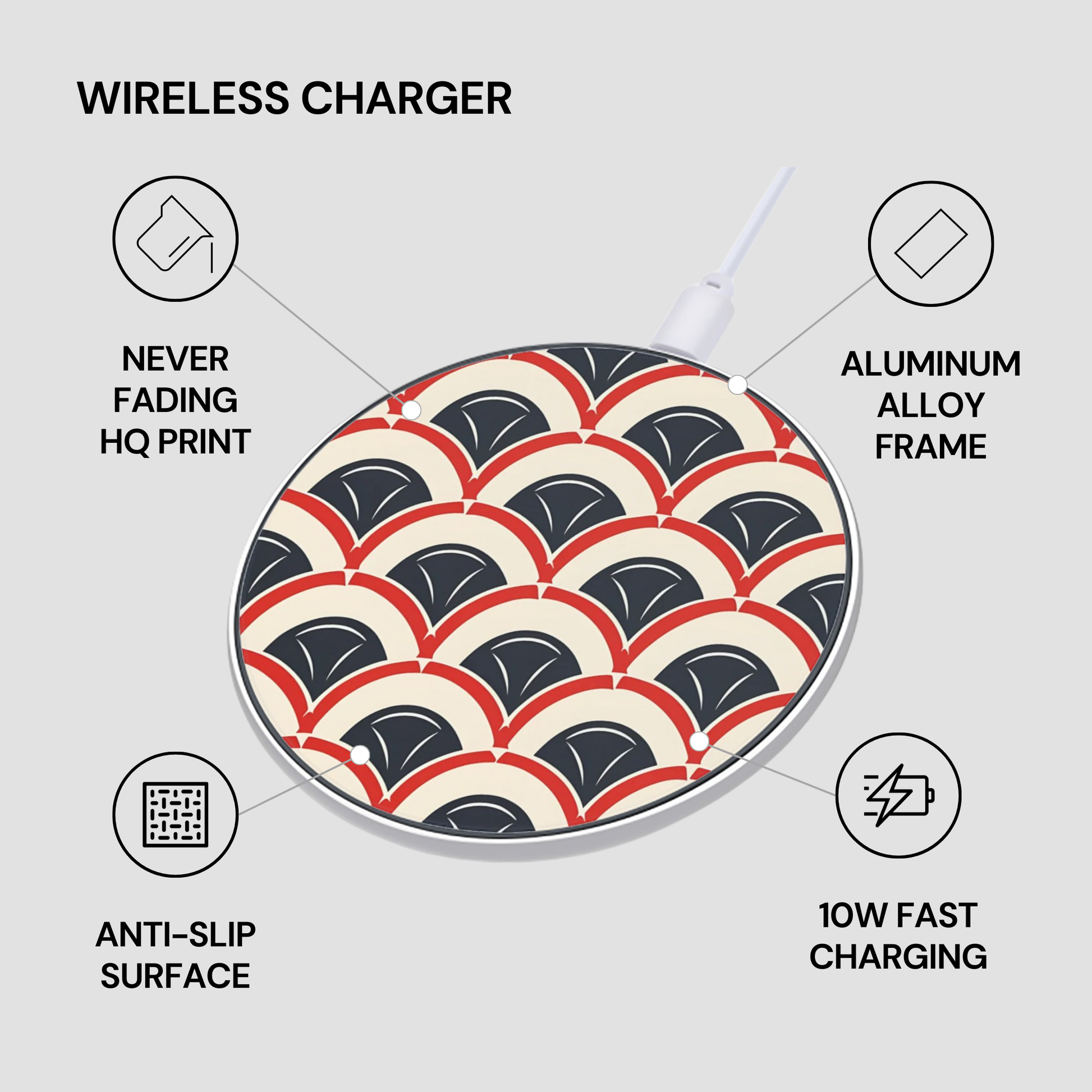 Wireless charger with wave pattern design on a light gray background