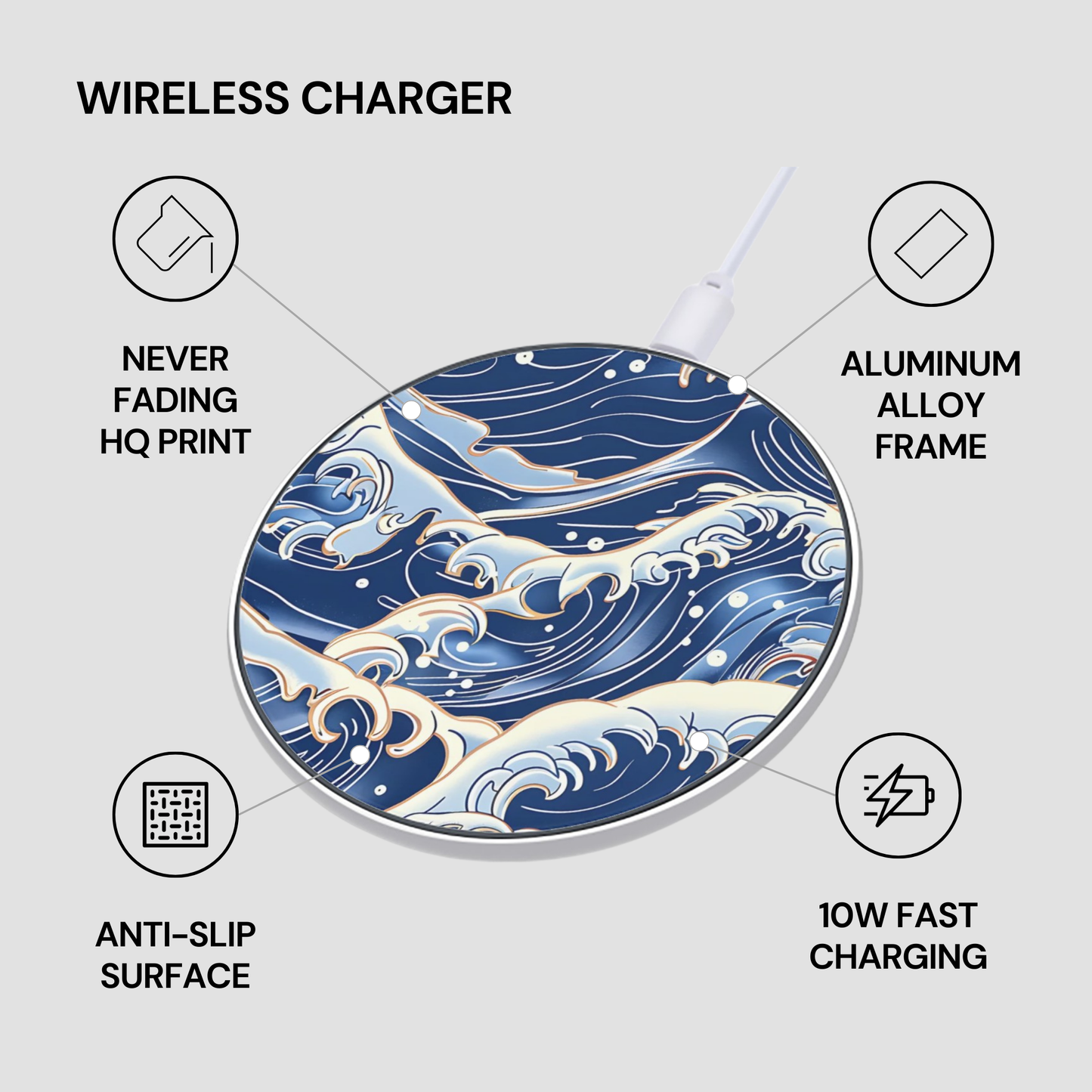 Wireless charger with wave design on a gray background | Casenari