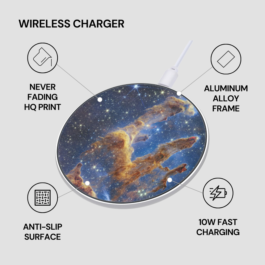 Wireless charger with space-themed design on a light gray background