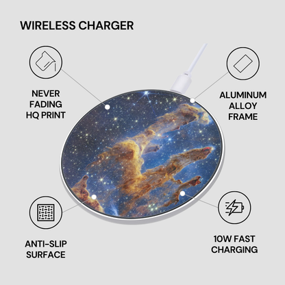 Wireless charger with space-themed design on a light gray background