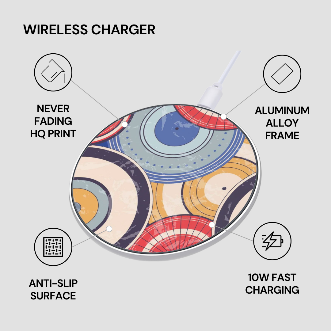 Wireless charger with colorful design on a light gray background