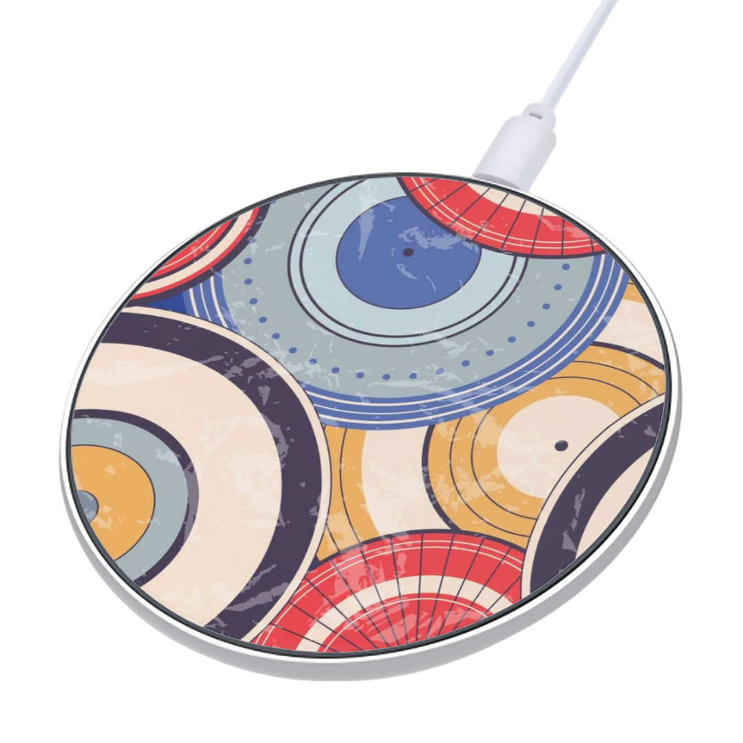 Colorful circular charging pad on a white background