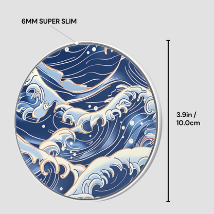 Circular product with wave design and measurement details on a gray background | Casenari