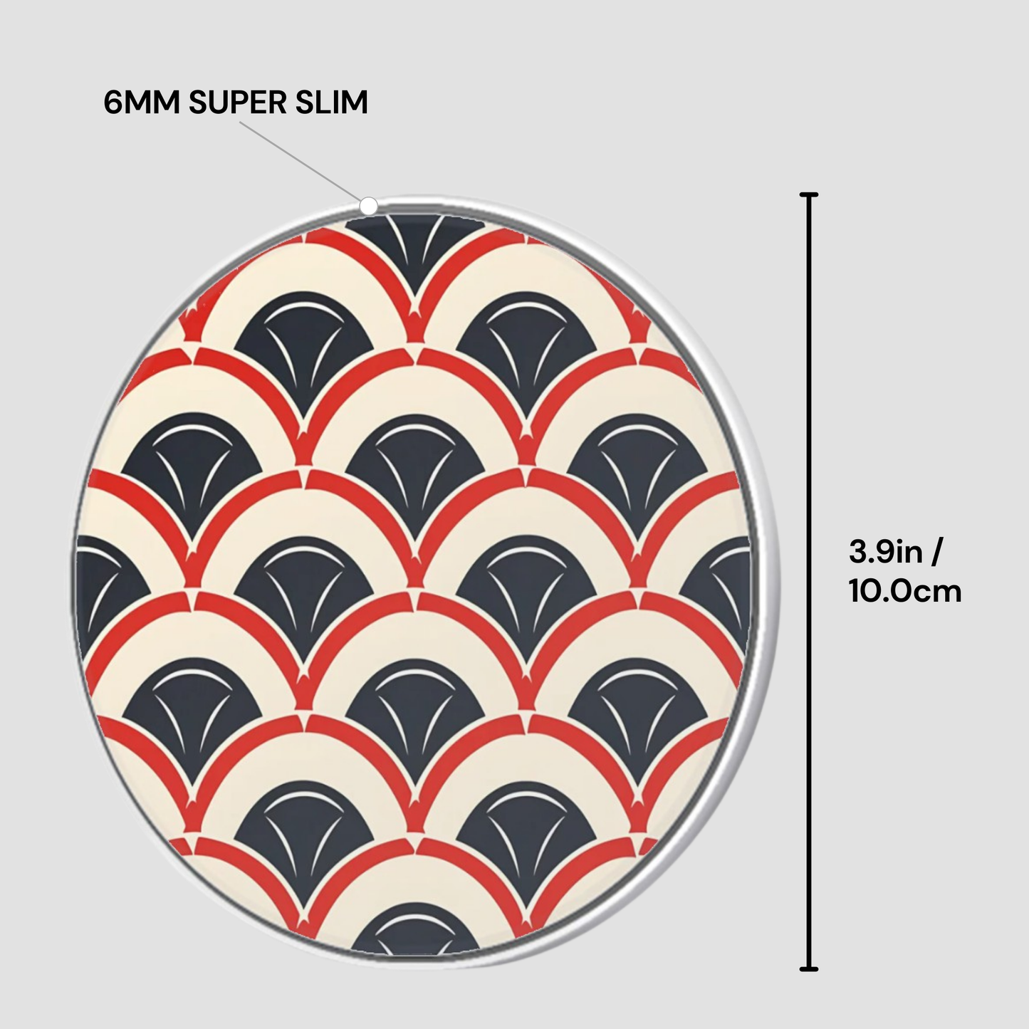 Circular object with a pattern and measurement details on a gray background
