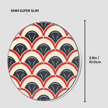 Circular object with a pattern and measurement details on a gray background