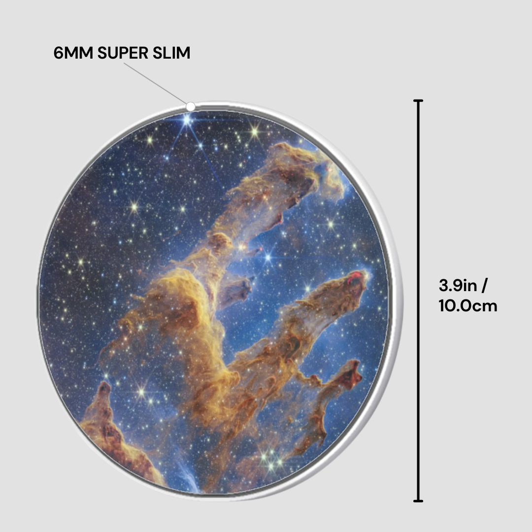 Circular object with space-themed design and measurement details on a white background