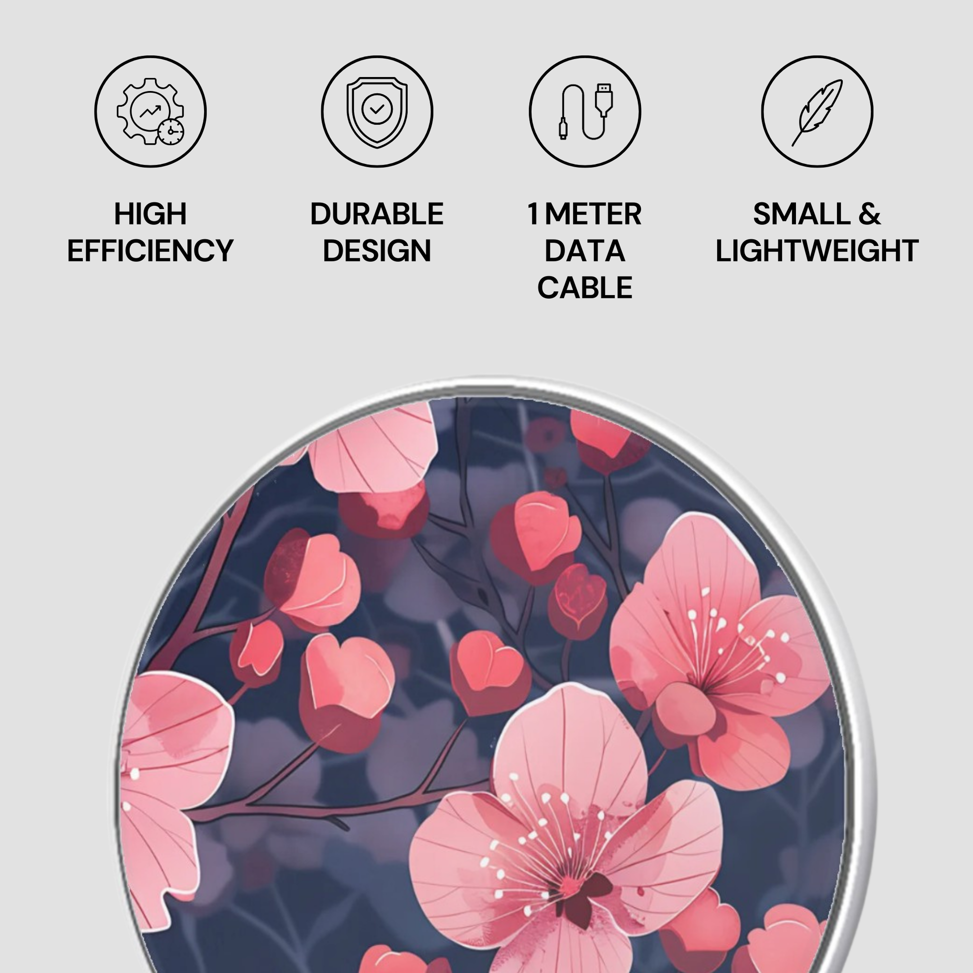 Product with floral design and feature icons on a light gray background