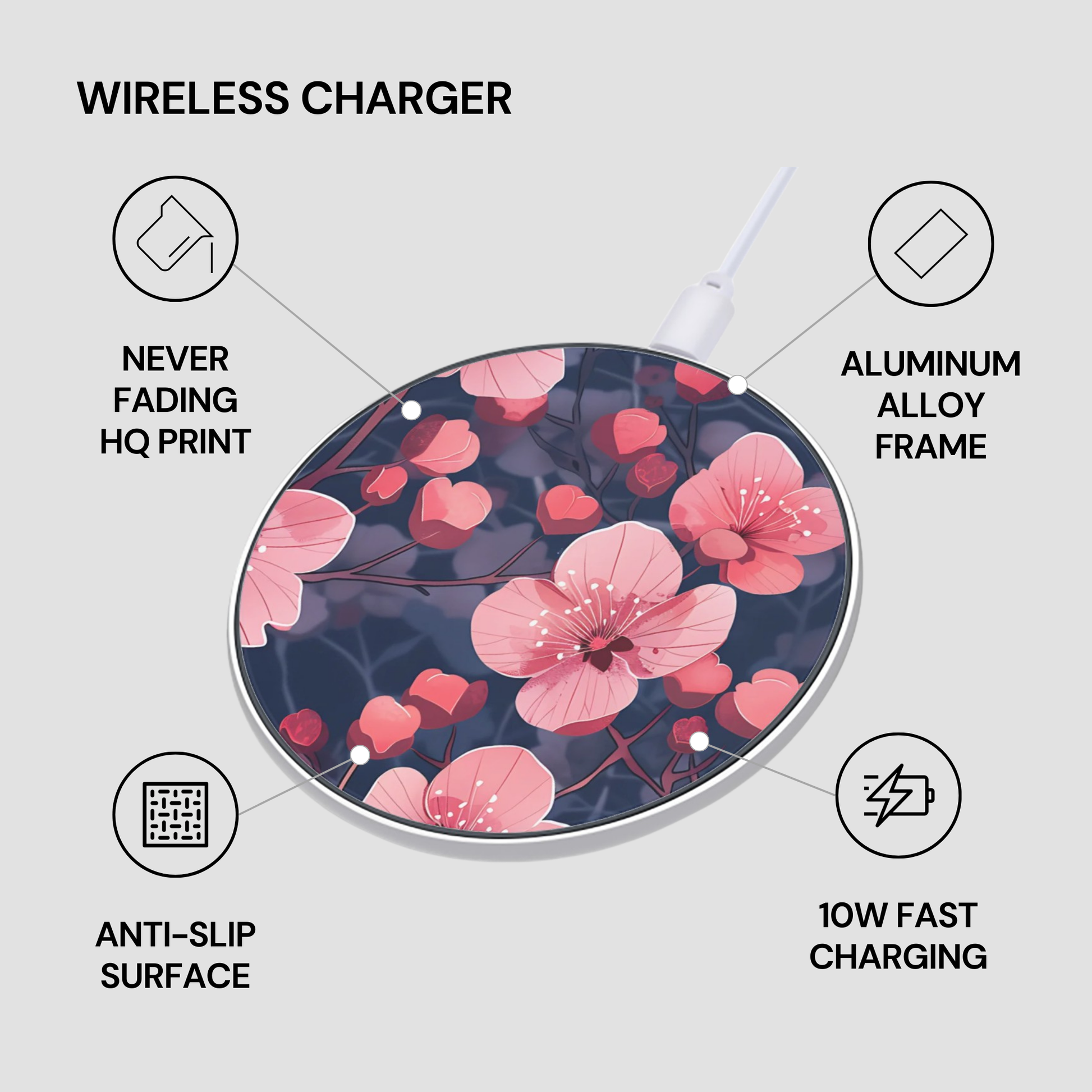 Wireless charger with floral design on a light gray background