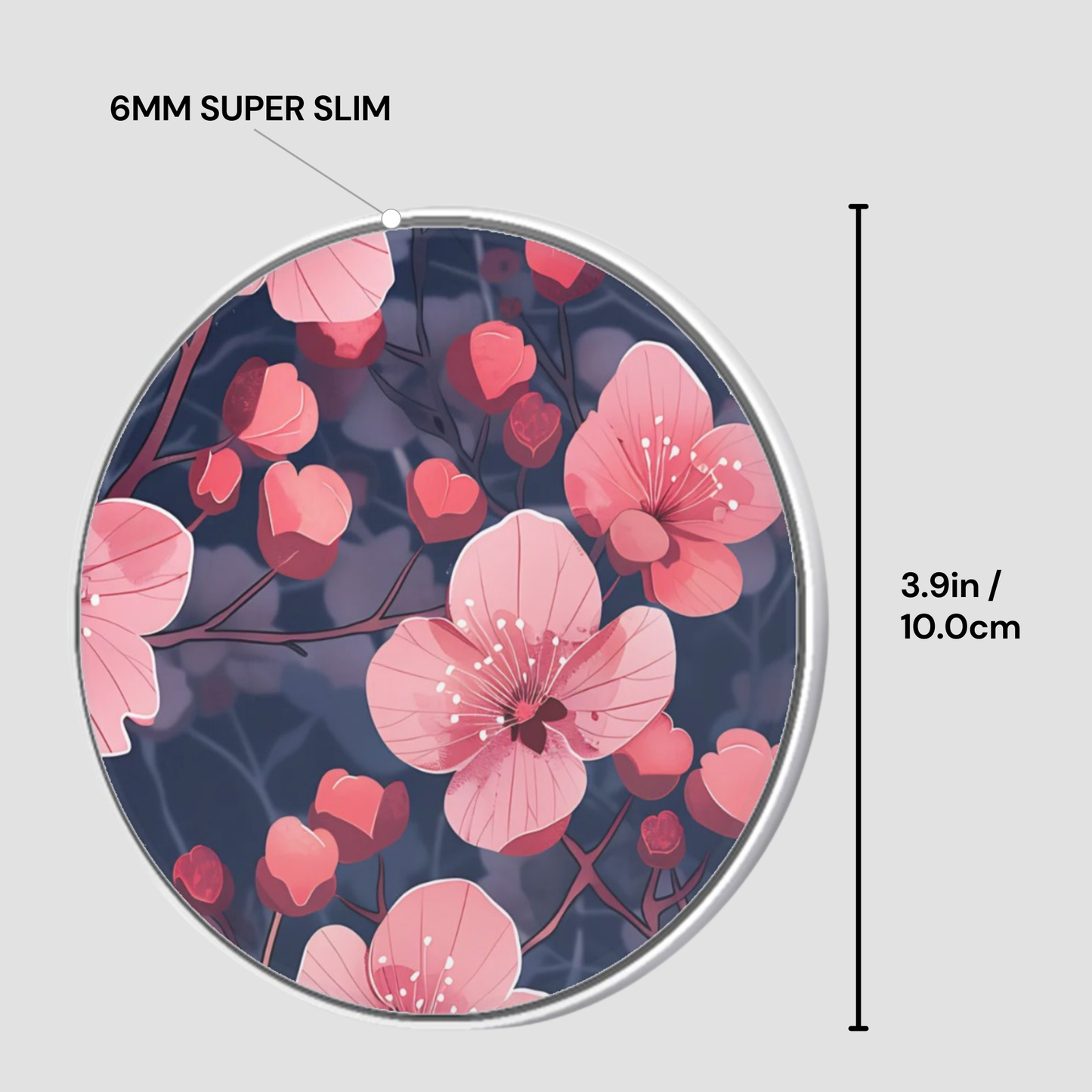Circular product with pink floral design on a dark background, labeled '6MM SUPER SLIM' and '3.9in / 10.0cm'.