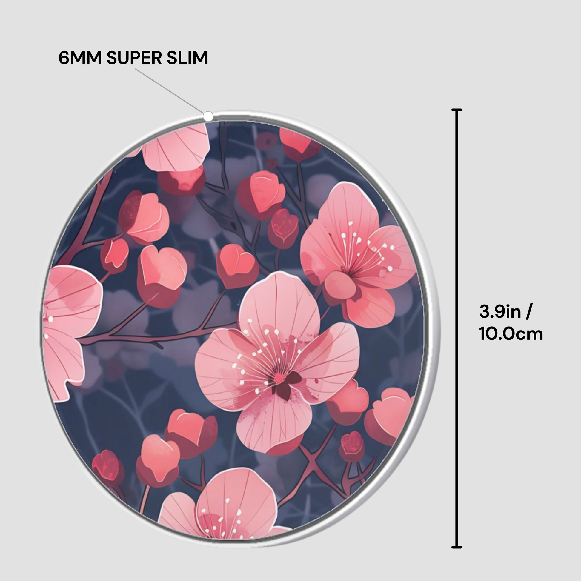 Circular product with pink floral design on a dark background, labeled '6MM SUPER SLIM' and '3.9in / 10.0cm'.