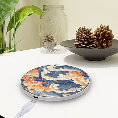 Wireless Charger with floral design on a table with a plant and decorative items.