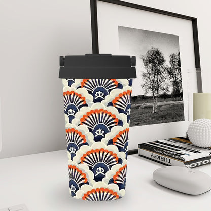 Phone case with geometric pattern on a desk with books and a photo frame in the background