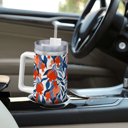 Colorful mug with floral pattern on a car dashboard