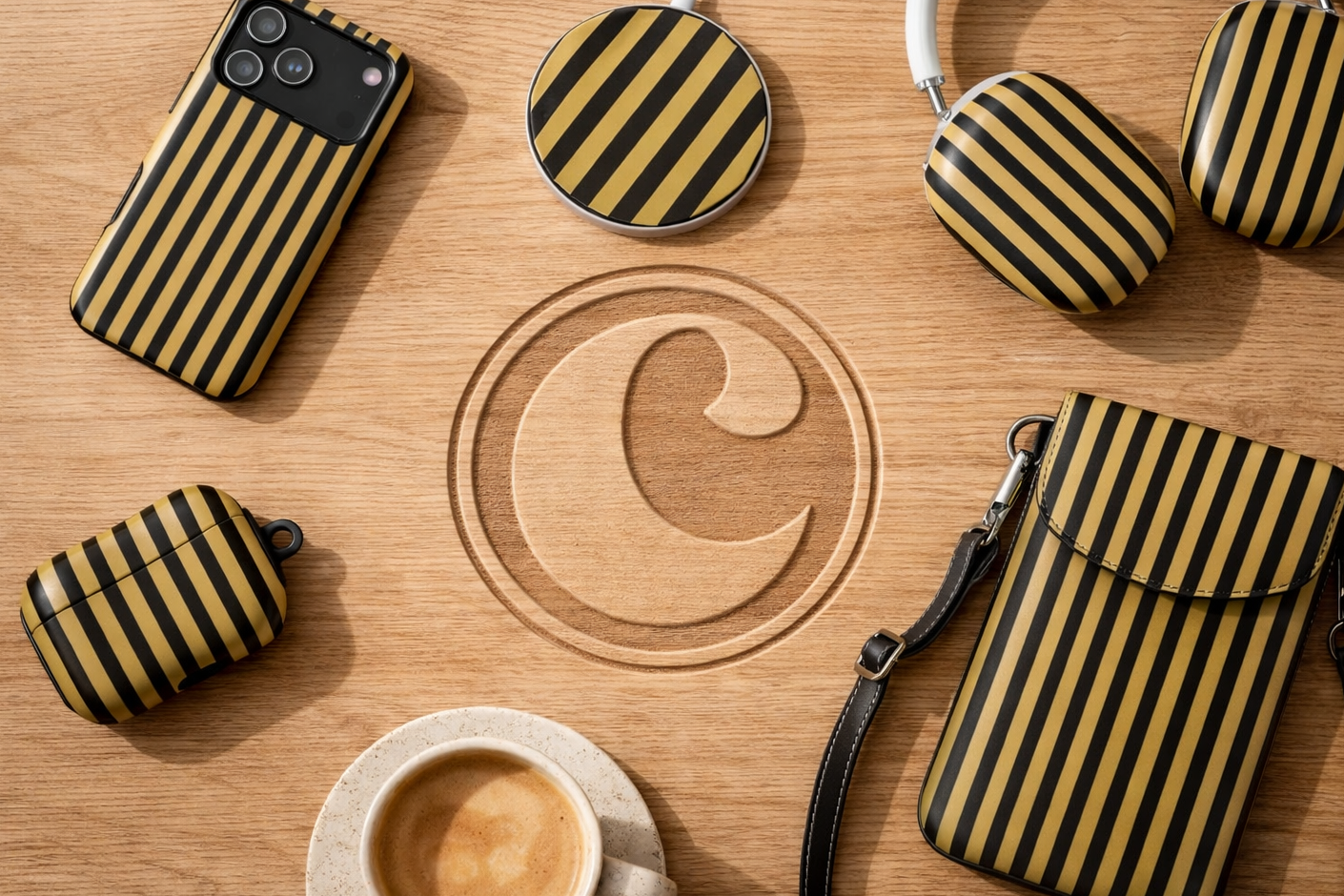 Black and yellow striped phone case, earbuds, and pouch on a wooden surface with a brand logo.