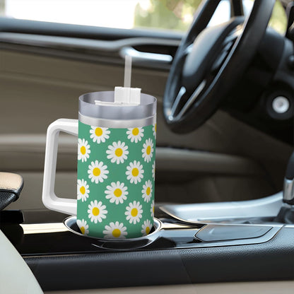 Tumbler with daisy pattern on a car dashboard