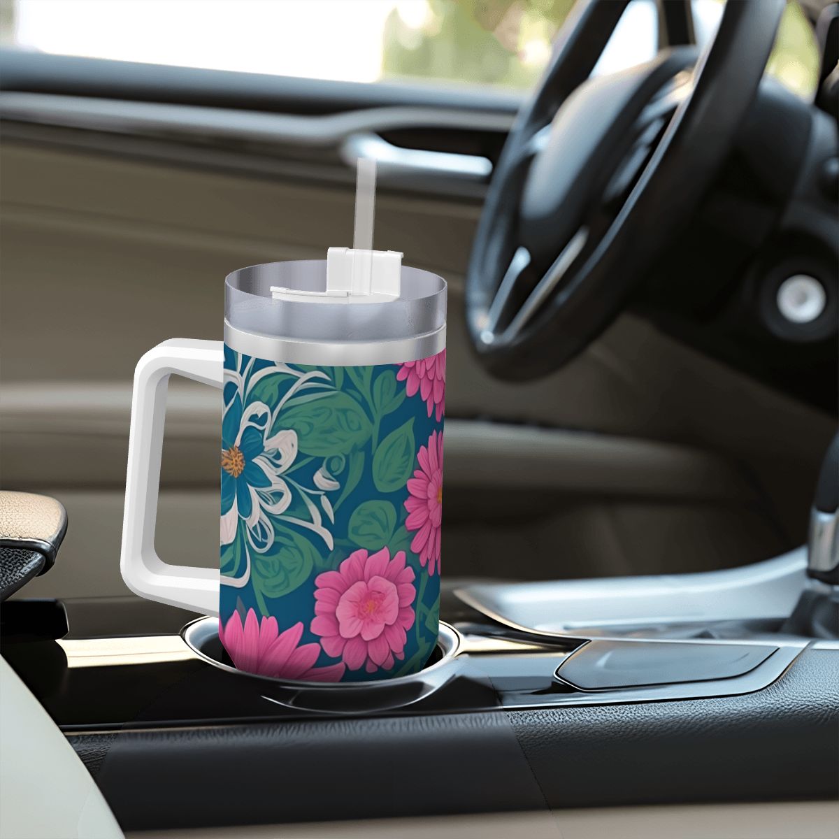 Floral-patterned mug with a straw on a car dashboard