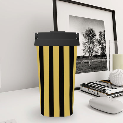 Black and yellow striped travel mug on a white surface with a framed picture in the background