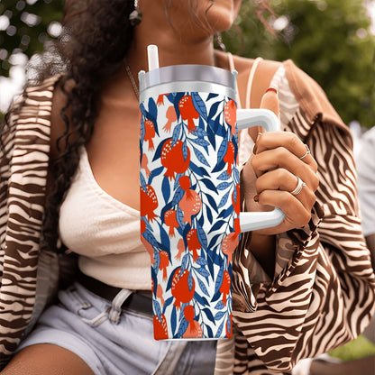 Person holding a colorful water bottle with a floral pattern
