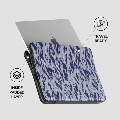 Blue camouflage laptop sleeve with Apple logo on a white background