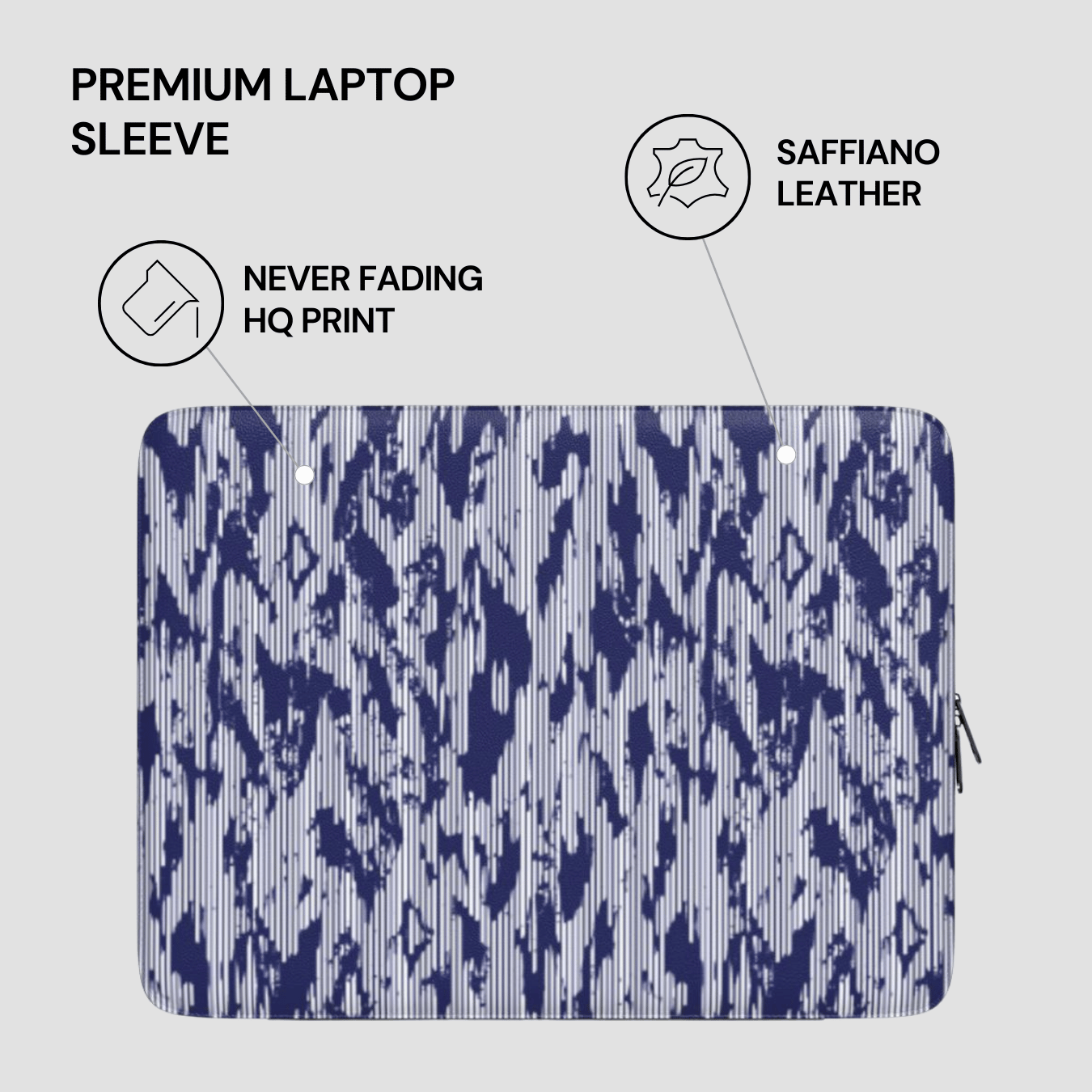 Laptop sleeve with saffiano leather finish and blue abstract pattern on a light gray background
